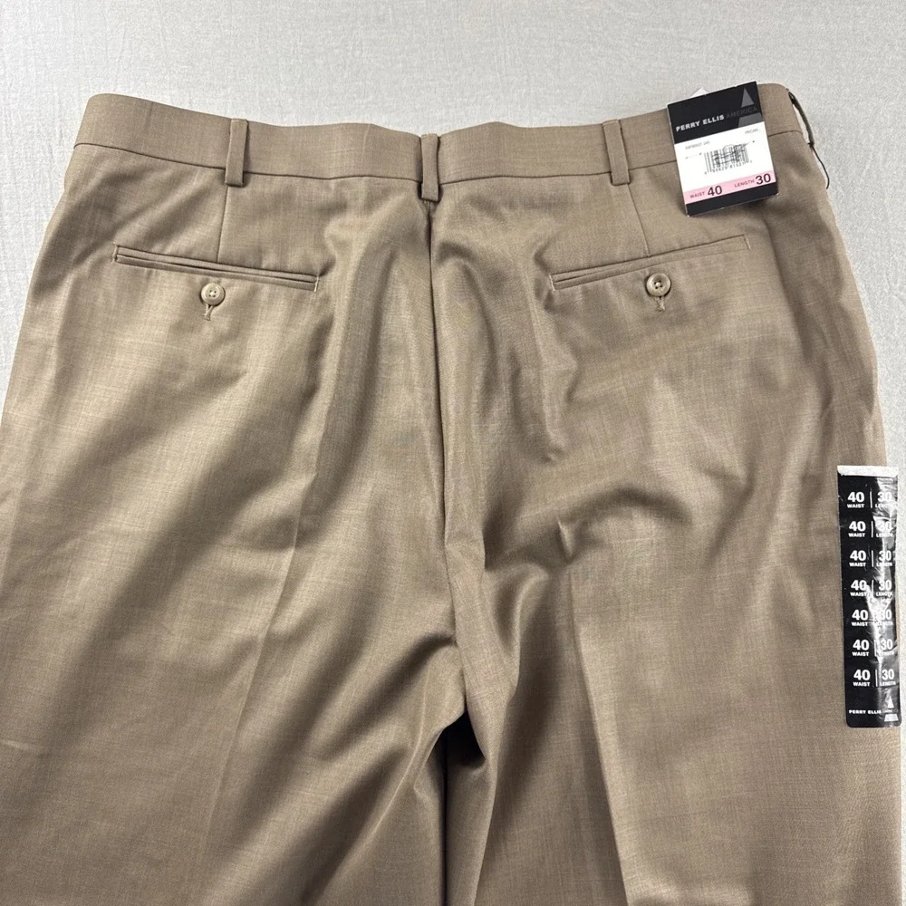 Perry Ellis America Dress Pants Men 40x30 Brown Pleated Slacks Chinos Preppy NEW